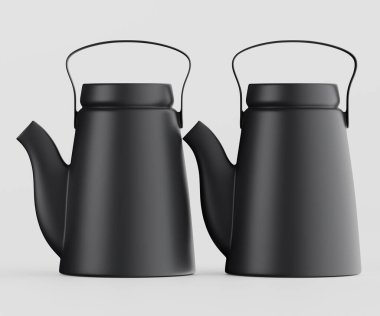 Tarafsız bir arkaplanda yan yana duran iki modern siyah çaydanlık gösterişli bir tasarım sergiliyor. Tencereler pürüzsüz ve mat olmuş. Aydınlatma parlak ve düzgün, şekil ve tutacakların detaylarını vurguluyor. Genel olarak...