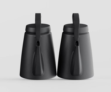 İki siyah mat, sade beyaz arka planda kulplu konik kaplar sergileniyor. Işıklandırma eşit ve nötr, ürünün biçimini ve dokusunu gösteriyor. Konteynırlar çeşitli çeşitlere uygun modern ve minimalist görünüyor. 