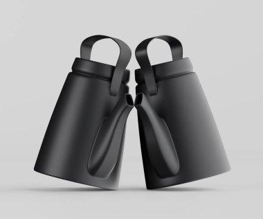 Bir stüdyo çekiminde saplı iki siyah, mat, silindirik nesne sunuluyor. Nesneler modern, pürüzsüz ve çağdaş bir tasarıma sahiptir. Görüntüler tarafsız ve açık gri bir arkaplanda. Nesneler ambalaj tasarımı veya ürün için idealdir 