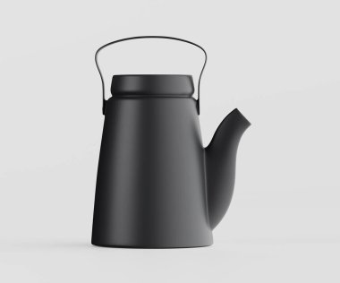 Sade bir arka planda sade siyah çay demliği. Pürüzsüz, mat kaplama ve basit tasarım. Modern ve modern tarzda. Esrar birçok tasarım projesi için uygundur. Işıklandırma eşit ve nötr. Ürün detaylarına odaklanıyor..