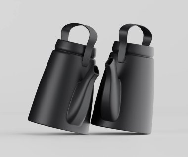 İki siyah çaydanlık, parlak ve modern, bir stüdyo ortamında sunuluyor. Manzara, parlak tasarımı ve pürüzsüz dokuları vurguluyor. Tencereler hafif açıyla yerleştirilmiş, bu da hareket olduğunu gösteriyor. Gri arkaplan temiz bir arka plan sağlar