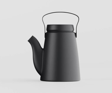 Modern siyah çaydanlık, basit, sivri bir tasarıma sahip, nötr bir ortamda sunulur. Çaydanlığın pürüzsüz, mat yüzeyi parlak beyaz arka planla çelişiyor. Stüdyo ışıkları objeyi aydınlatır ve açık gölgeler yaratır. Bu resim co