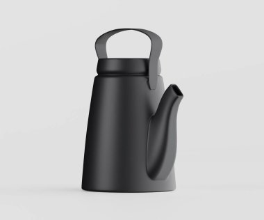 Modern siyah çaydanlık, stüdyo çekimi, gösterişli parlak tasarım ve pürüzsüz yüzeyler. Mat siyah kaplama ve sade ergonomik saplar belirgin özelliklerdir. Görüntü iyi aydınlatılmış, ürüne minimalist bir iç sette çekici bir görünüm sunuyor.
