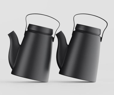 Tarafsız bir arkaplanda bir stüdyoda iki siyah çaydanlık sergileniyor. Tencereler açılı, hareket ya da dinamik bir sunum izlenimi veriyor. Aydınlatma düz ve parlak, tencerenin parlak yüzeyini net bir şekilde görüyor, parlak bir tasarım,