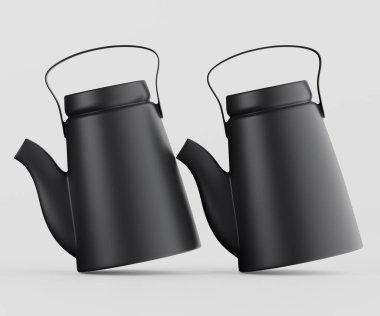 Basit bir stüdyo çekiminde iki siyah çaydanlık. Çaydanlıklar parlak ve çağdaş bir tasarıma sahip. Havanın ortasında konumlanmışlar, açık gri arka planda bir hareket hissi yaratıyorlar. Sahne temiz ve parlak, yaşam tarzı için mükemmel. 