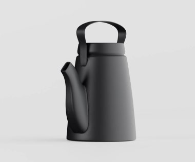 Arka planda modern siyah çaydanlık. Su ısıtıcısının bir mat ve basit, parlak bir tasarımı var. Aydınlatma eşit ve nötr, çaydanlığın şeklini vurguluyor. Çeşitli iç mekan ayarları ve ticari kullanım için uygun..