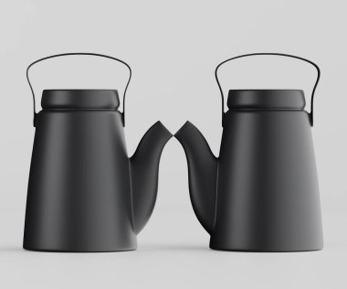 İki modern siyah çaydanlık, ışık nötr bir zemine karşı yan yana sergilenir. Su ısıtıcılarında ince gövdeler, kıvrımlı saplar ve pürüzsüz, pürüzsüz bir kaplama var. Stüdyonun ışıklandırması düz ve parlak şekilleri vurguluyor. Editorya için uygun