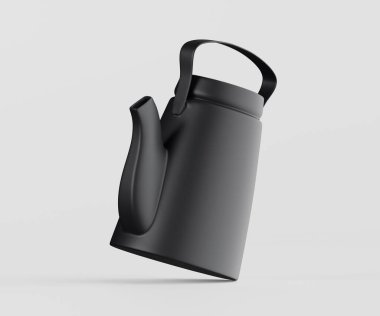 Bir stüdyo ortamında sap ve oluklu bir mat siyah çaydanlığı sergilenir. Aydınlatma parlak ve nötr, sert gölgeler yok. Çaydanlık modern görünür ve pürüzsüz yüzeyi ışık tarafından vurgulanır. Olay yeri iletişim için çok uygun.