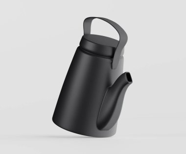Tarafsız bir zeminde izole edilmiş modern siyah çaydanlık. Çaydanlık pürüzsüz ve bir mat kaplamayla stilize edilmiş. Görüntü iyi aydınlatılmış ve profesyonel olarak fotoğraflanmış. Kapalı mekan. Yazılı veya web tasarımı için ticari kullanıma uygundur.