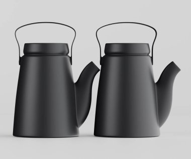 Tarafsız bir arkaplanda iki siyah çaydanlık sergileniyor. Tencerelerin modern, ince bir şekli var, kulpları ve ağızları var. Tarzı gösterişli ve minimalist. Görüntü iyi aydınlatılmış ve çaydanlıkların şeklini açıkça gösteriyor. Ürün pho için uygun