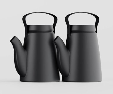 İki modern siyah çaydanlık düz beyaz arka planda duruyor. İnce bir tasarımı ve sapları var. Işık düz ve tepede, temiz bir estetik oluşturuyor. Ev dekoru, mutfak gereçleri ve tasarım üzerine ticari veya editoryal projelerde kullanılabilir 