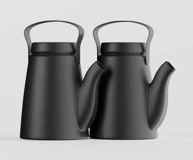 İki modern siyah çaydanlık düz açık gri arka planda sunuluyor. Pürüzsüz, pürüzsüz bir yüzey ve zarif bir tasarım sergiliyorlar. Aydınlatma eşit, belirgin bir gölge bırakmıyor. Sahne kapalı, muhtemelen bir stüdyo ayarı, gösteri için ideal.