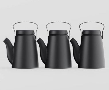 Açık gri arka planda üç mat siyah çaydanlık yan yana duruyor. Tarzı modern ve minimalist. Tencerelerde ince çizgiler, konik şekiller ve basit, işlevsel bir tasarım var. Eşit aralıklarla konumlandırılmışlar ve kullanıma uygunlar.