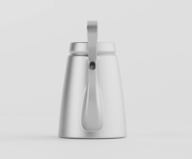 Sergide metalik, açık gri çaydanlık yer alıyor. Pürüzsüz, mat ve basit bir tasarımı var. Çaydanlık sade, parlak ve kapalı bir ortamda gösteriliyor. Görüntü, tanıtım materyalleri veya ev aletleri için ürün fotoğrafçılığı için kullanışlı olabilir.