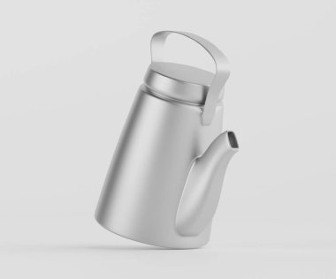 Basit, temiz bir stüdyo ortamında sunulan modern, metalik bir çaydanlık. Çaydanlık, pürüzsüz, alüminyum kaplamalı, tarafsız, açık gri bir zeminde duruyor. Minimalist ve temiz tasarım, nesnenin şekli ve şekline odaklanmayı sağlar. Mükemmel.