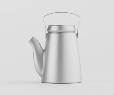Modern, parlak bir arka planda parlak gümüş çaydanlık. Çaydanlığın pürüzsüz, parlak bir yüzeyi ve basit, temiz çizgileri var. Aydınlatma parlak ve hatta çaydanlığın şeklini ve detaylarını vurguluyor. Minimalist estetik ideal.