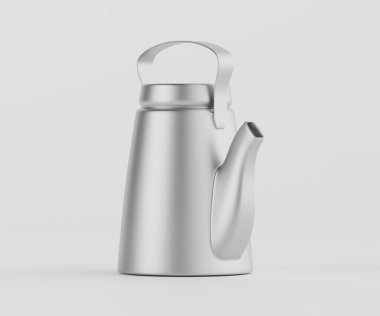 Modern, fırçalanmış gümüş çaydanlık arka planda sunuluyor. Su ısıtıcısının düz, düz bir tasarımı ve ergonomik sapı var. Işıklandırma parlak ve dengeli, stüdyo kalitesinde bir sunum yaratıyor. Reklamcılarda kullanmak için ideal