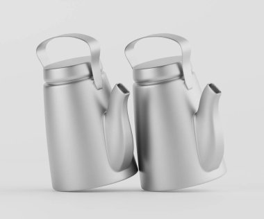 İki modern, fırçalanmış metal çaydanlık açık gri bir yüzeyde duruyor. Gösterişli, basit tasarımları ve cilalı sonları modern bir estetik yaratıyor. Işıklandırma ve kompozisyon onların düz dokusunu ve şeklini vurguluyor. Ticari ya da e 'de kullanılabilir