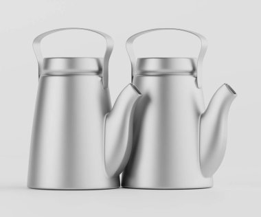 İki metalik çaydanlık bir ışık arka planına karşı sunuluyor. Nesneler pürüzsüz yüzeyleri ve tek renk renkleri olan minimalist bir tasarım sergiliyorlar. Işıklandırma ince gölgeler ve gölgeler sağlıyor, şekli vurguluyor. Bu resim için uygun olabilir 
