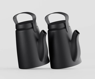 Açık gri bir arkaplanda iki siyah modern çaydanlık sergileniyor. Çaydanlıklar siyahtır, basit ve çağdaş bir tasarım sergilerler. Görüntü iyi ışıklandırılmış, temiz, nötr bir renk paletiyle. Sahne kapalı gibi görünüyor, ve ışık...