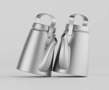 Bir ürün çekiminde, muhtemelen içecekler veya yiyecekler için iki gümüş metal kap sergileniyor. Konteynırlar hafifçe açılı ve dinamik, neredeyse kutlama pozisyonunda görünüyorlar. Konteynırların stili basit ve modern.,