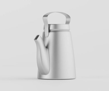 Sade bir arka planda gümüş bir çaydanlık sergilenir. Çaydanlığın pürüzsüz yüzeyleri ve parlak sapları olan basit ve modern bir tasarımı var. Görüntü, modern mutfak malzemelerinin sergilendiği pazarlama malzemelerinde veya editoryal içerikte kullanılmak için uygundur..
