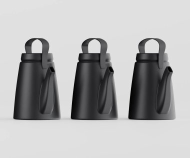 Üç siyah çaydanlık yatay sırada dizilir. Tencereler sade ve yuvarlak tasarımlarla kaplanmış. Işıklandırma eşit ve nötr. Tencereleri net bir şekilde görebiliyoruz. Arka plan düz gri. Resim kataloglar için kullanılabilir