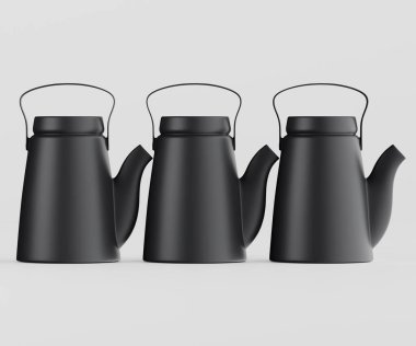Üç modern siyah çaydanlık bir stüdyo ortamında sergileniyor. Pürüzsüz, mat siyah kaplama açık gri arka planla çelişiyor. Tencereler daha ince bir tasarıma sahip ve sırayla temiz çizgilerini vurguluyorlar. Görüntü uygun.