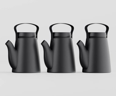 Art arda dizilmiş üç modern siyah çaydanlık, basit şekiller ve mat bitiş sergiliyor. Aydınlatma, pürüzsüz yüzeyleri ve tencerelerin temiz çizgilerini vurguluyor. Tarafsız arka plan objeleri vurguluyor., 