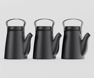 Açık gri bir yüzey üzerinde üç modern siyah çaydanlık. Tencereler geometrik şekilli, parlak çizgiler, pürüzsüz yüzeyler ve sapları var. Görüntü temiz ve minimalist bir estetiğe sahip, muhtemelen kapalı bir yerde ve stüdyo ortamında. Bunlar suita.