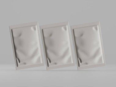 Açık gri, buruşuk, dikdörtgen ambalaj kesesi açık gri arka planda sergilenir. Keseler esnek görünüyor ve buruşuk dokusu içerideki içeriği gösteriyor. Işıklandırma yumuşak ve dengeli, profesyonel bir görünüm yaratıyor. Bu...