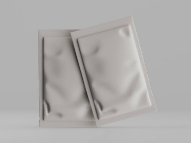 İki açık gri, boş, gri arka planda dikdörtgen keseler. Kesesinin biraz buruşuk, mat bir dokusu var. Işıklandırma eşit ve nötr, ambalaj modelleri için uygun temiz ve profesyonel bir görünüm yaratıyor. Görüntü bir stüdyo resmi., 