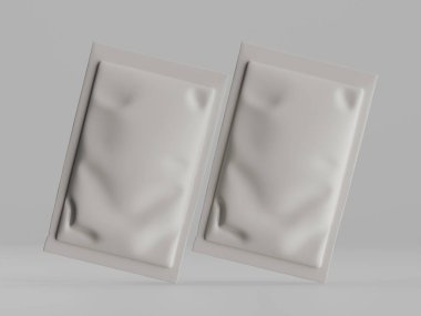 İki tane açık gri, dikdörtgen ambalaj modeli, çantalara ya da tek servis paketlerine benziyor. Paket kırışık dokusu olan esnek bir malzemeden yapılmış gibi görünüyor. Tarafsız, sessiz gri tonlar profesyonel, temiz bir görünüm yaratıyor.