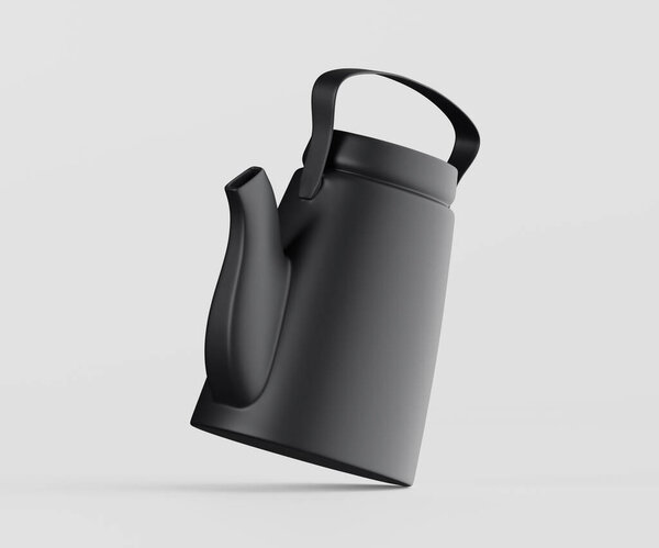 A matte black teapot with handles and spout is displayed in a studio setting.  The lighting is bright and neutral, with no harsh shadows.  The teapot appears modern, and the smooth surface is emphasized by the light. The scene is well-suited for comm