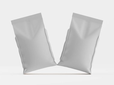 Açık gri, boş iki paket torbası bir stüdyo ortamında, açılı, açık gri bir yüzeyde gösteriliyor. Paket pürüzsüz görünüyor ve bir ürün için tasarlanmış. Işıklandırma düz ve yumuşak, ürünün net bir görüntüsünü sağlıyor. Görüntü suita.