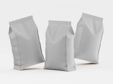 Düz beyaz arka planda üç açık gri kağıt torba tasvir edilir. Çantalar yiyecek ya da içecek ürünleri için gibi görünüyor. Torbaların pürüzsüz, parlak bir yüzeyi ve hafif yuvarlak bir şekli var. Çağdaş ve modern tarzdalar. Çakmak.