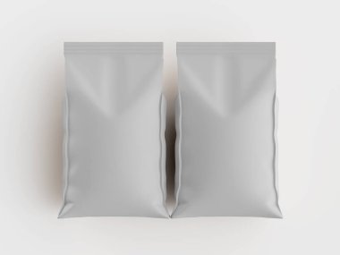 İki açık gri, sade yiyecek ambalajı beyaz arka planda yan yana oturur. Çantalar genel bir bakış açısıyla gösteriliyor, pürüzsüz ve modern görünüyor. Aydınlatma düzgün ve parlak, paketlemenin ince dokusunu vurguluyor. Uygun.