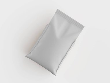 Açık gri, bir ürün için esnek paketleme. Pürüzsüz, hatta yüzeysel. Paketin basit ve temiz bir tasarımı var. Beyaz bir arka planda vurulmuş. Gıda ürünleri, ambalaj veya gıda ambalajı tasarımı için uygun.