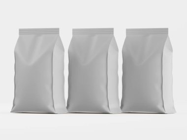 Açık gri, dikey ve dikdörtgen ambalaj torbaları tarafsız bir arkaplanda sergileniyor. Poşetler pürüzsüz, mat bir yüzeye sahiptir ve kağıttan veya plastikten yapılmış gibi görünmektedir. Çantalar hafif bir B alanı ile birbirlerine yakın konumdalar.