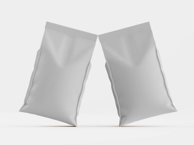 İki açık gri, boş, dik keseli, muhtemelen yiyecek ya da diğer ürünler için. Kese pürüzsüz, mat bir yüzeye sahip ve esnek bir malzemeden yapılmış gibi görünüyor. Aydınlatma eşit ve nötr. Bu da çantaları hafifçe yükseltilmiş olarak gösteriyor.,