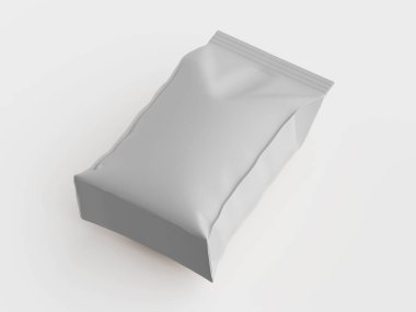 Boş, açık gri paket, muhtemelen yiyecek ya da atıştırmalık kese. Paket yukarıdan, stüdyodan, beyaz bir yüzeyde, parlak, aydınlık ve kapalı bir ortamda sunuluyor. Resim düz çizgileri ve basit tasarımı vurgular, bir taklit için uygundur