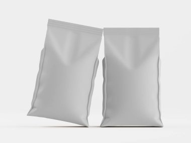 İki açık gri, boş ürün torbası köşegen olarak düz beyaz bir zemine karşı yan yana yerleştirilmiştir. Poşetler bir ürün modelinde, bir ön görünüm gösteriliyor ve ürün paketleme tasarımı için uygun, açık ve basit bir şekilde sunuluyor.
