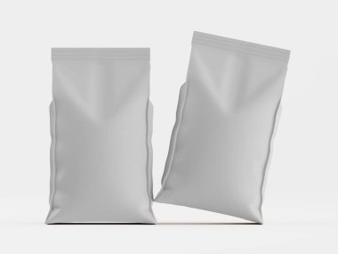 Beyaz arka planda iki açık gri, boş paket torbası sergileniyor. Torbaların basit ve pürüzsüz bir dokusu var. Dinamik ve hafifçe açılı bir şekilde konumlandırılmışlar. Bu da 3 boyutlu ya da ürün modelleme görüntüsü olduğunu gösteriyor. Stüdyo ortamı, ince zeka.