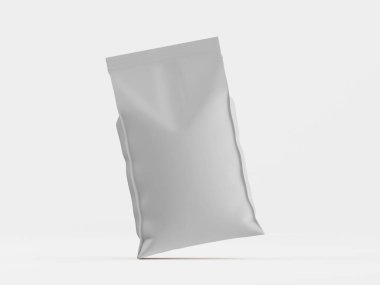 Boş gri kağıt poşet modeli, sade beyaz arka planda izole edilmiş. Çantanın basit ve temiz bir tasarımı var. Yumuşak kıvrımları ve açık gri tonu var. Işıklandırma parlak ve gölgesiz, nötr ve profesyonel bir sunum yaratıyor. T