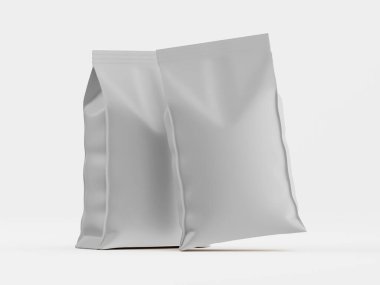 İki açık gri, boş, dikey odaklı ürün kesesi düz beyaz arka planda gösteriliyor. Keseler, modern, minimalist bir tasarıma işaret eden bir açıyla yerleştirilmiş. Aydınlatma düzgün ve parlak, güçlü gölgeler bırakmıyor. Polis.