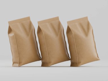 Tarafsız bir arkaplana karşı bir stüdyo ortamında üç açık kahverengi kese kağıdı sunuluyor. Çantalar istiflenmiş ve hafif açılı, dinamik bir sunuma sahipler. Bu da gıda paketleme tasarımı kavramını ortaya koyuyor. Işıklandırma ve kompozisyon odaklanır