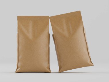 Açık gri arka planda iki açık kahverengi kese kağıdı duruyor. Çantalar stüdyo ortamında, sade, temiz, nötr renkler ve ışıklandırma düz bir yatak stili yaratıyor. Çantalar dayanıklı görünüyor ve çeşitli ürünleri depolamak veya paketlemek için uygunlar