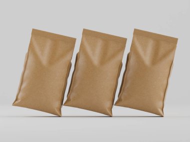 Tarafsız bir arkaplanda üç açık kahverengi kese kağıdı sergileniyor. Poşetler çapraz konumda, hafifçe aşağı doğru açılı, ağırlık ya da hareket hissi uyandırıyor. Çantalar pürüzsüz ve parlak görünüyor, hafif sessiz bir ton sergiliyorlar. Th