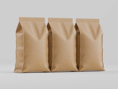 Açık gri arka planda yatay bir sırada üç kahverengi kese kağıdı sergileniyor. Poşetler de benzer şekilde tasarlanmış, pürüzsüz ve hafif tırtıklı bir dokuya sahip. Aydınlatma eşit ve nötr, belirgin bir gölge bırakmıyor. Görüntünün...