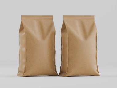 Tarafsız bir arkaplanda yan yana duran iki açık kahverengi kese kağıdı. Çantalar basit ve temiz bir tasarıma sahip ve ambalaj için gibi görünüyor. Işıklandırma yumuşak ve dengeli, bu da nötr bir ton yaratır. Çantalar bir şekilde yerleştirilmiş.